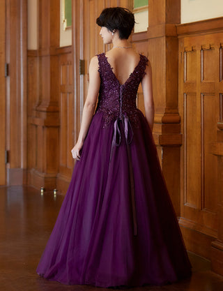 TWEED DRESS(ツイードドレス)のプラムロングドレス・チュール｜TB1719-PMの全身背面画像です。
