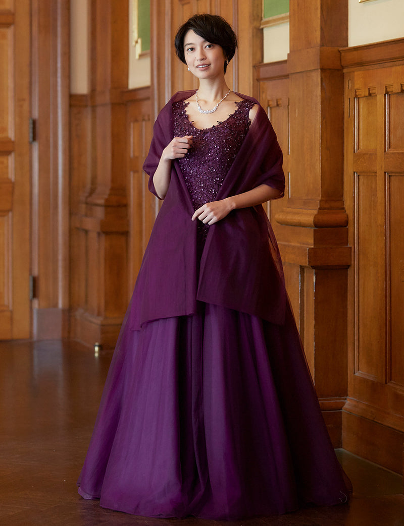 TWEED DRESS(ツイードドレス)のプラムロングドレス・チュール｜TB1719-PMの全身正面ストール着用画像です。