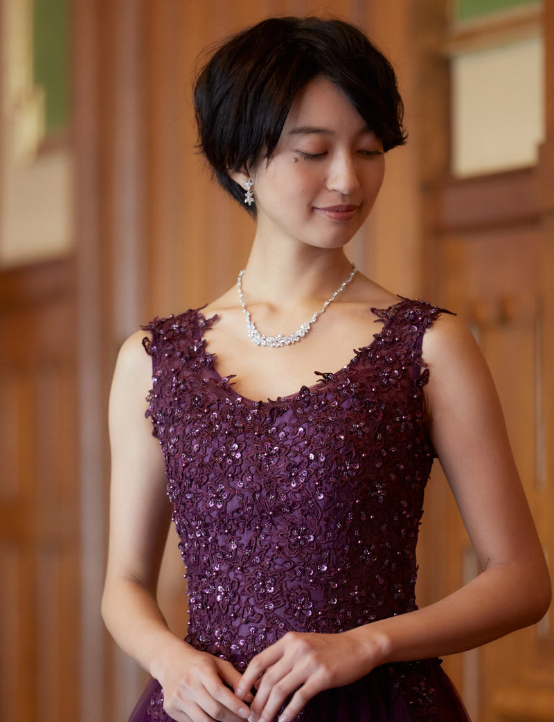 TWEED DRESS(ツイードドレス)のプラムロングドレス・チュール｜TB1719-PMの上半身正面画像です。
