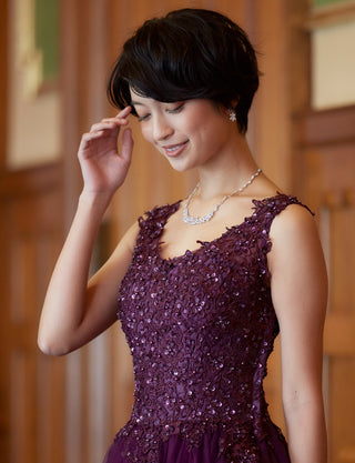 TWEED DRESS(ツイードドレス)のプラムロングドレス・チュール｜TB1719-PMの上半身斜め画像です。