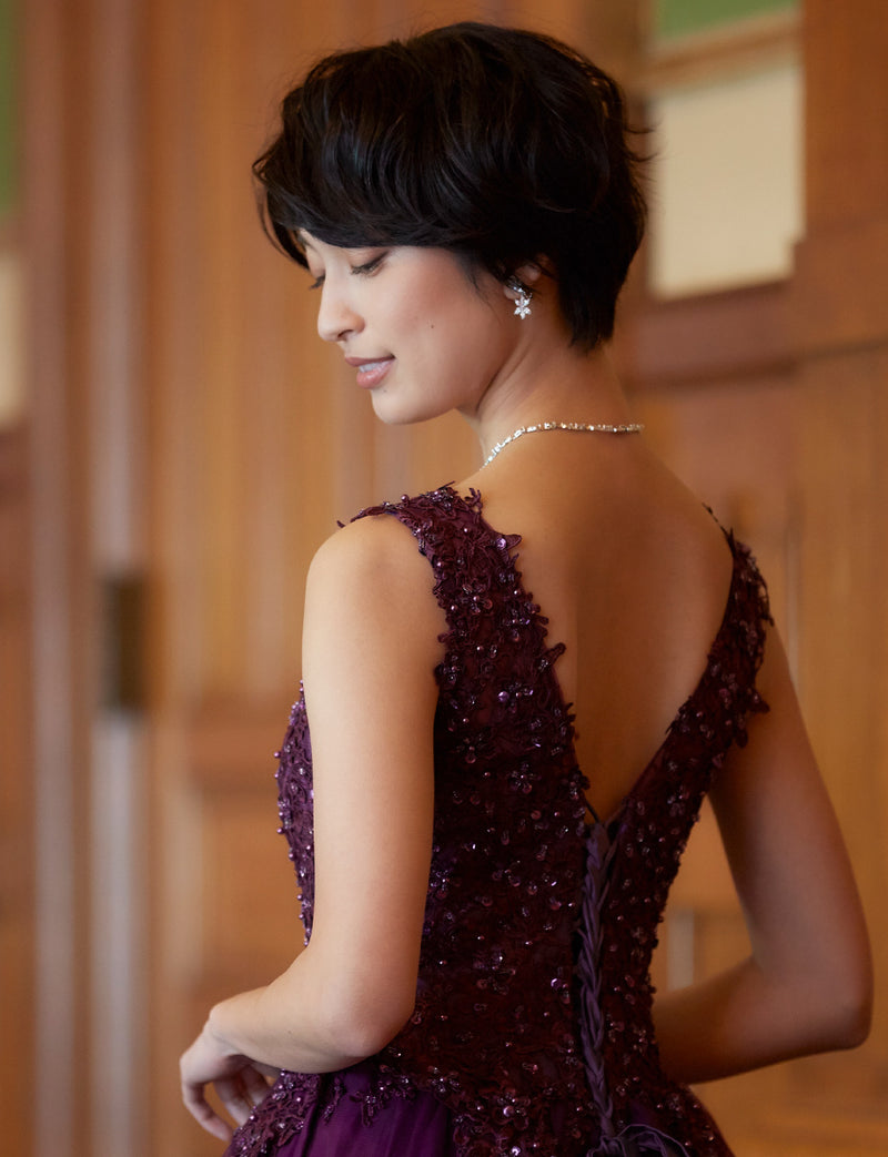 TWEED DRESS(ツイードドレス)のプラムロングドレス・チュール｜TB1719-PMの上半身背面画像です。