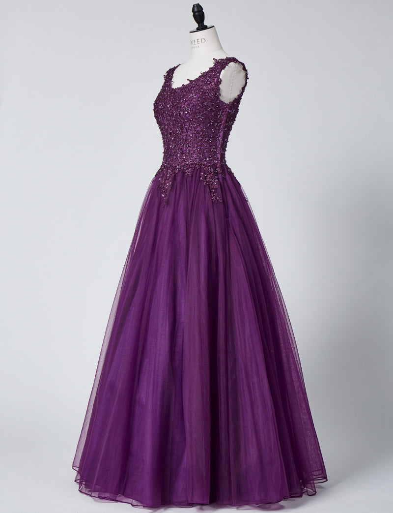 TWEED DRESS(ツイードドレス)のプラムロングドレス・チュール｜TB1719-PMのトルソー全身斜め画像です。