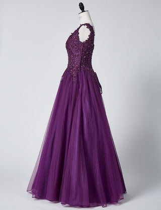 TWEED DRESS(ツイードドレス)のプラムロングドレス・チュール｜TB1719-PMのトルソー全身側面画像です。