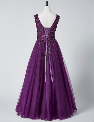 TWEED DRESS(ツイードドレス)のプラムロングドレス・チュール｜TB1719-PMのトルソー全身背面画像です。