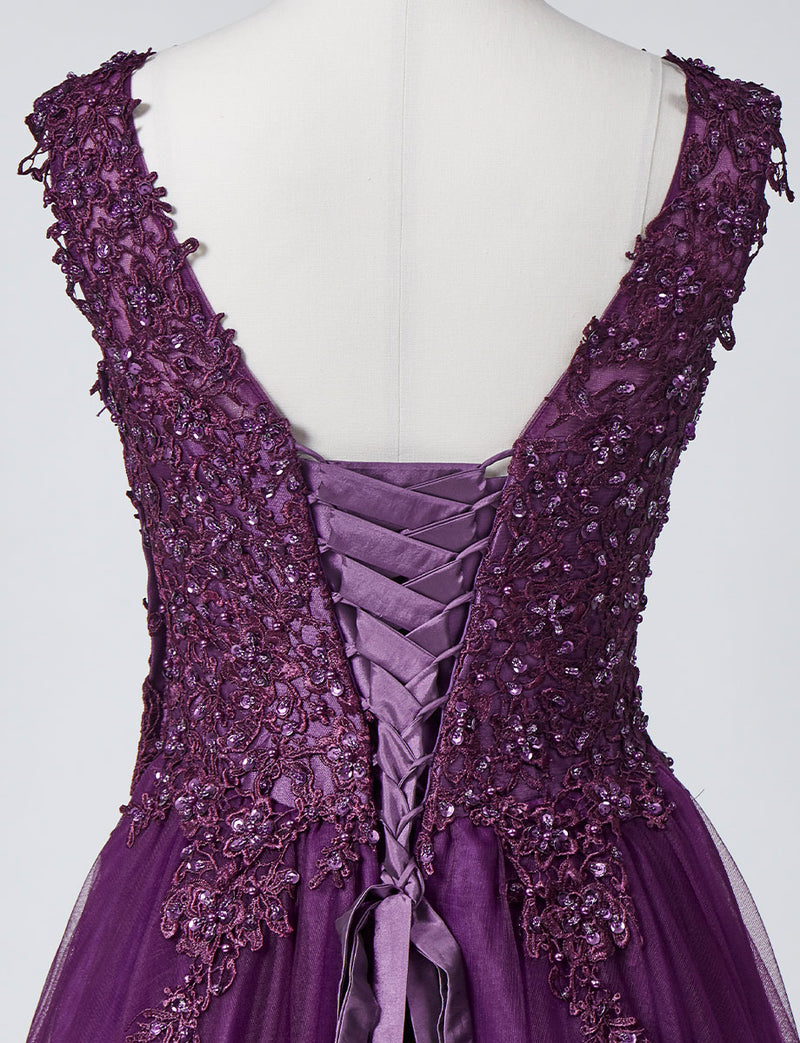 TWEED DRESS(ツイードドレス)のプラムロングドレス・チュール｜TB1719-PMのトルソー上半身背面画像です。