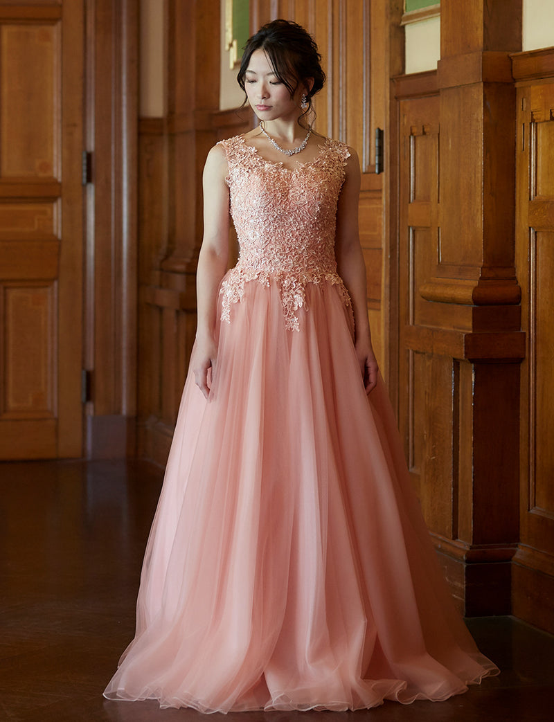 TWEED DRESS(ツイードドレス)のサーモンピンクロングドレス・チュール｜TB1719-SAPKの全身正面画像です。