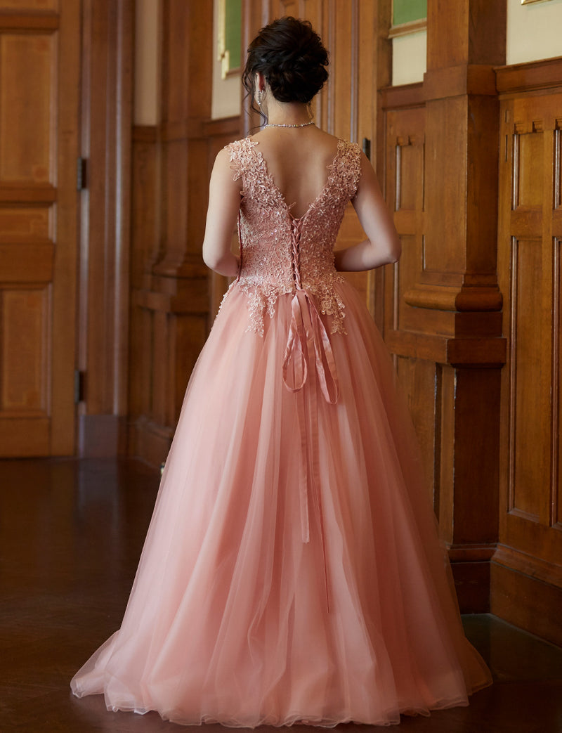 TWEED DRESS(ツイードドレス)のサーモンピンクロングドレス・チュール｜TB1719-SAPKの全身背面画像です。