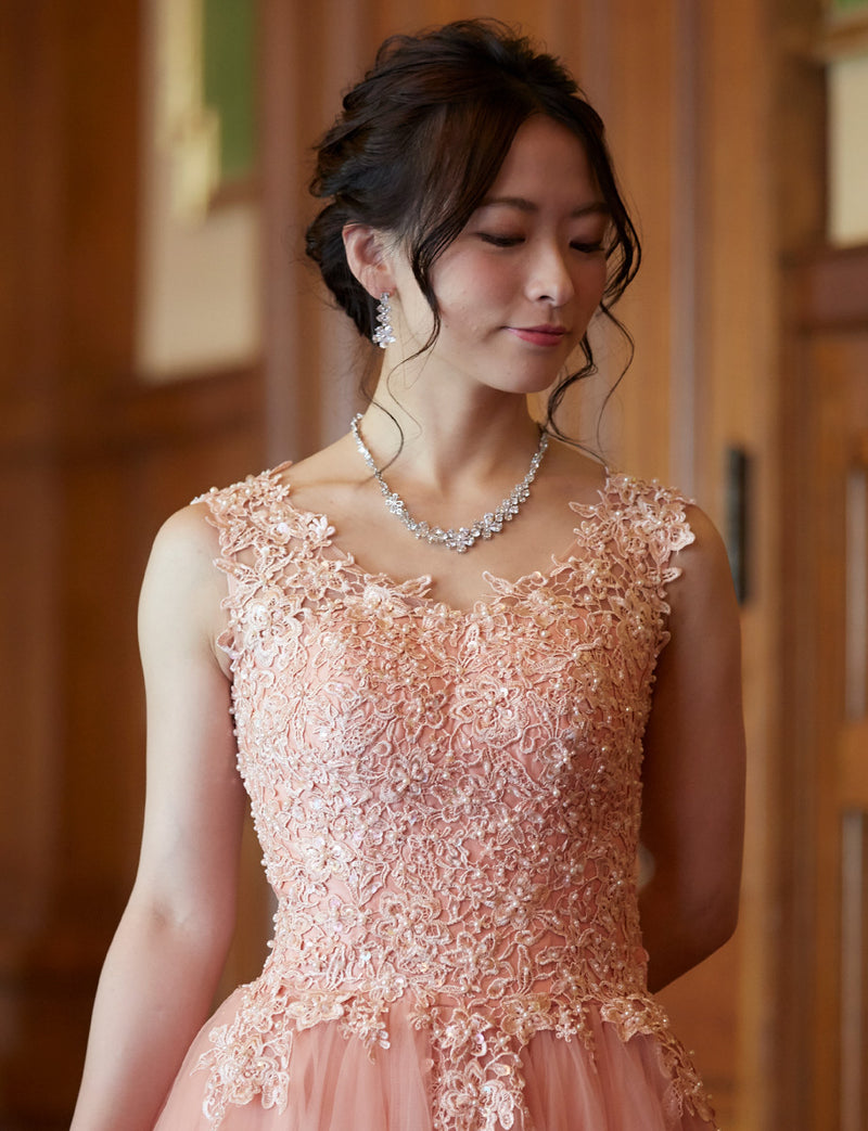 TWEED DRESS(ツイードドレス)のサーモンピンクロングドレス・チュール｜TB1719-SAPKの上半身正面画像です。