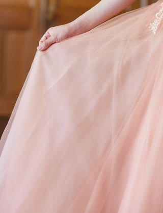 TWEED DRESS(ツイードドレス)のサーモンピンクロングドレス・チュール｜TB1719-SAPKのスカート拡大画像です。