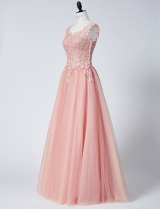 TWEED DRESS(ツイードドレス)のサーモンピンクロングドレス・チュール｜TB1719-SAPKのトルソー全身斜め画像です。