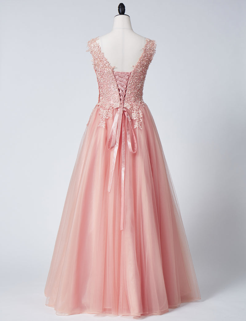 TWEED DRESS(ツイードドレス)のサーモンピンクロングドレス・チュール｜TB1719-SAPKのトルソー全身背面画像です。