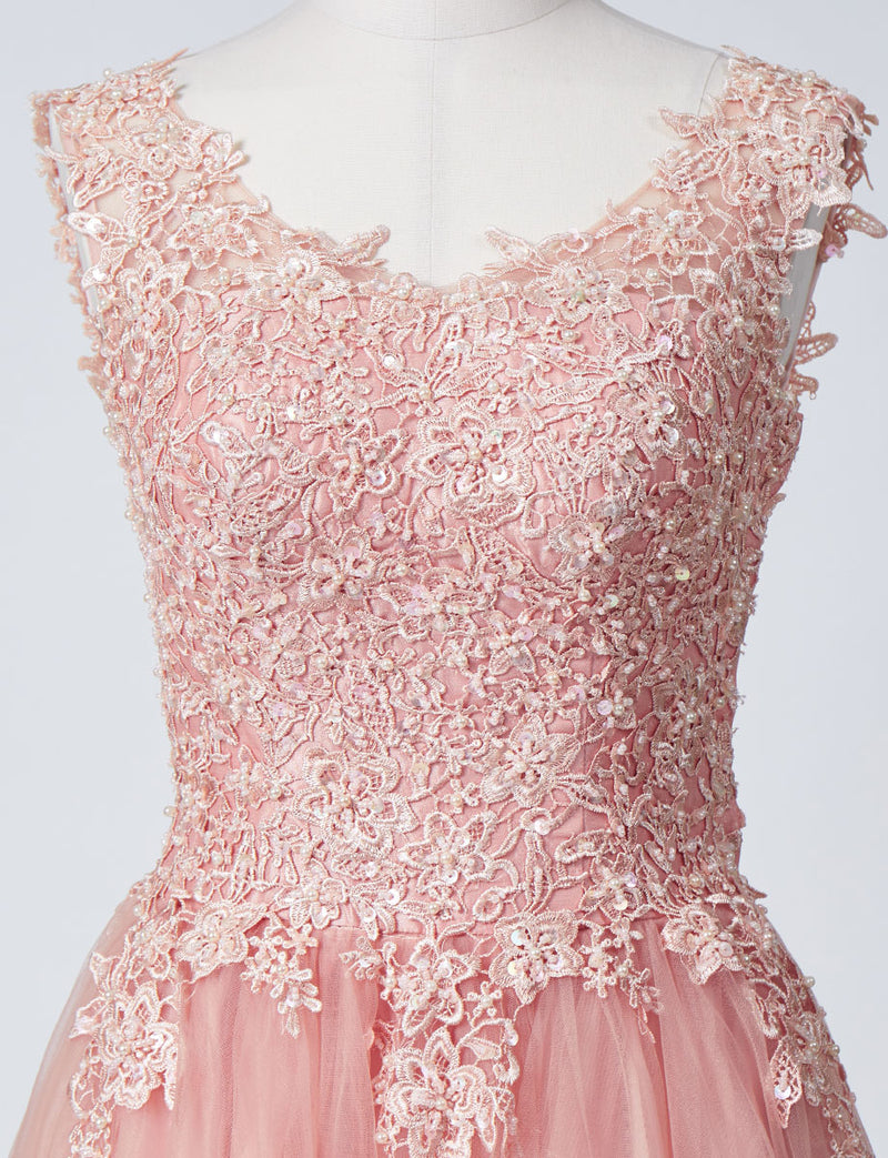 TWEED DRESS(ツイードドレス)のサーモンピンクロングドレス・チュール｜TB1719-SAPKのトルソー上半身正面画像です。