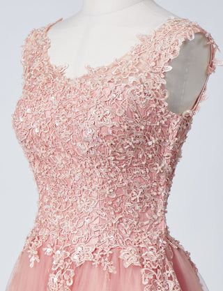 TWEED DRESS(ツイードドレス)のサーモンピンクロングドレス・チュール｜TB1719-SAPKのトルソー上半身斜め画像です。