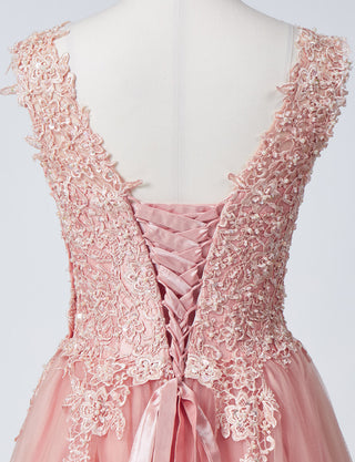 TWEED DRESS(ツイードドレス)のサーモンピンクロングドレス・チュール｜TB1719-SAPKのトルソー上半身背面画像です。
