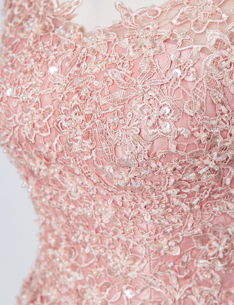 TWEED DRESS(ツイードドレス)のサーモンピンクロングドレス・チュール｜TB1719-SAPKの上半身ビジュ装飾拡大画像です。