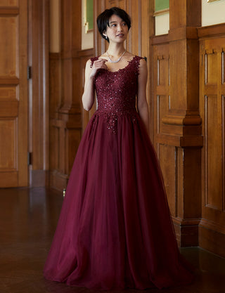TWEED DRESS(ツイードドレス)のワインレッドロングドレス・チュール｜TB1719-WRDの全身正面画像です。