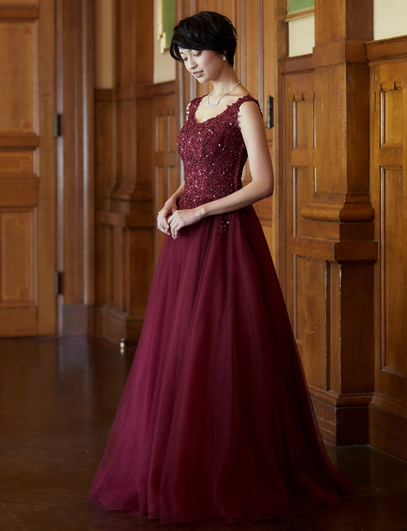 TWEED DRESS(ツイードドレス)のワインレッドロングドレス・チュール｜TB1719-WRDの全身斜め画像です。