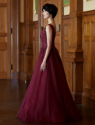 TWEED DRESS(ツイードドレス)のワインレッドロングドレス・チュール｜TB1719-WRDの全身側面画像です。