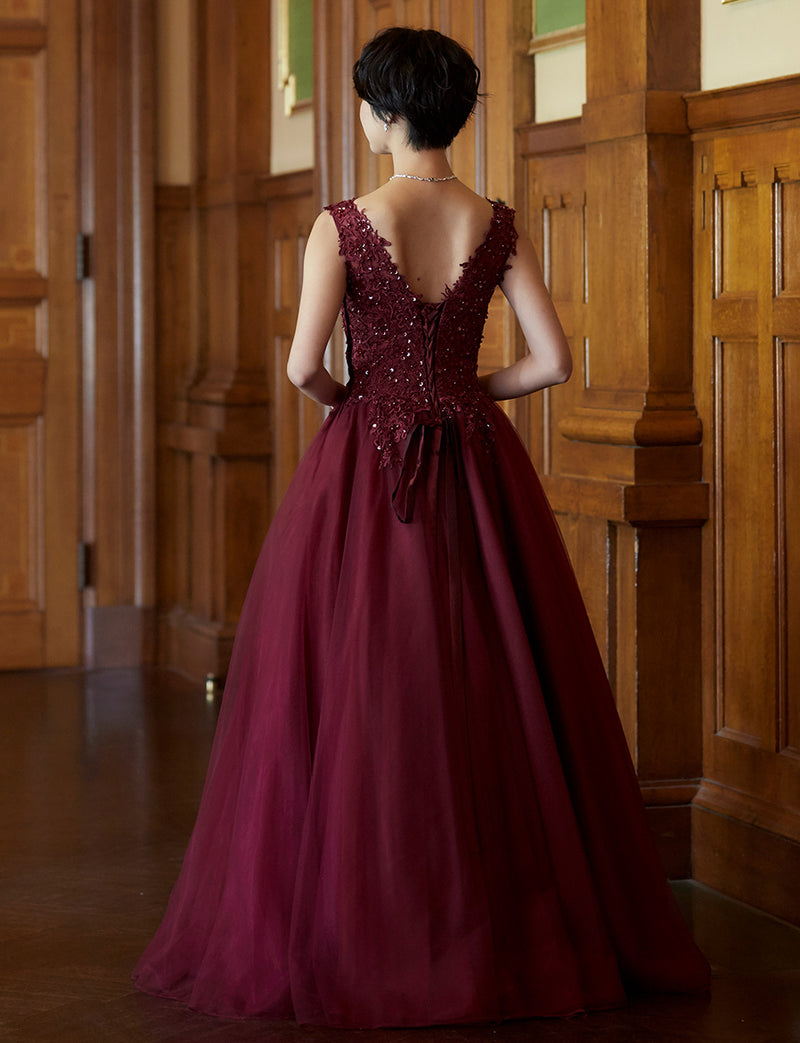 TWEED DRESS(ツイードドレス)のワインレッドロングドレス・チュール｜TB1719-WRDの全身背面画像です。