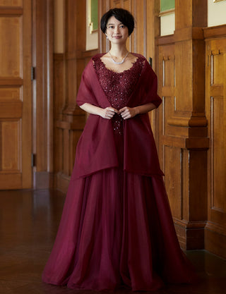 TWEED DRESS(ツイードドレス)のワインレッドロングドレス・チュール｜TB1719-WRDの全身正面ストール着用画像です。