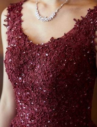 TWEED DRESS(ツイードドレス)のワインレッドロングドレス・チュール｜TB1719-WRDの上半身装飾拡大画像です。