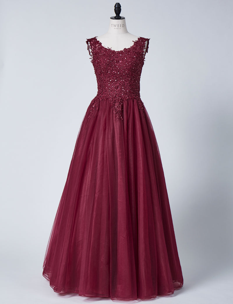 TWEED DRESS(ツイードドレス)のワインレッドロングドレス・チュール｜TB1719-WRDのトルソー全身正面画像です。