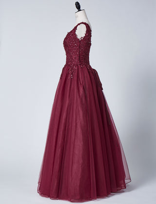 TWEED DRESS(ツイードドレス)のワインレッドロングドレス・チュール｜TB1719-WRDのトルソー全身側面画像です。