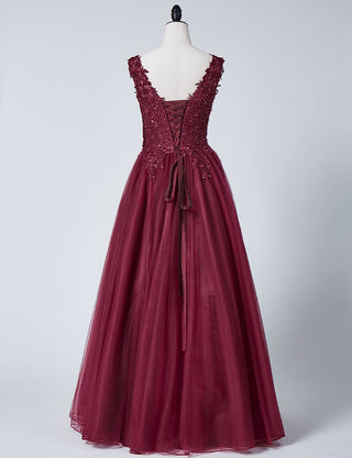 TWEED DRESS(ツイードドレス)のワインレッドロングドレス・チュール｜TB1719-WRDのトルソー全身背面画像です。