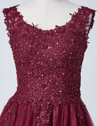 TWEED DRESS(ツイードドレス)のワインレッドロングドレス・チュール｜TB1719-WRDのトルソー上半身正面画像です。