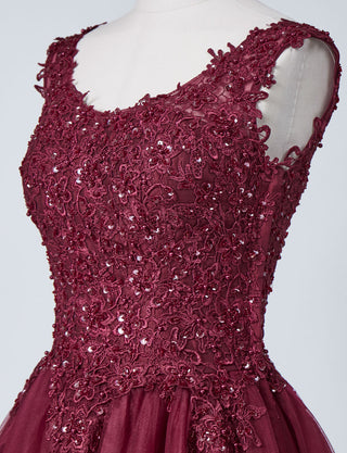TWEED DRESS(ツイードドレス)のワインレッドロングドレス・チュール｜TB1719-WRDのトルソー上半身斜め画像です。