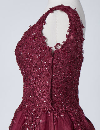 TWEED DRESS(ツイードドレス)のワインレッドロングドレス・チュール｜TB1719-WRDのトルソー上半身側面画像です。