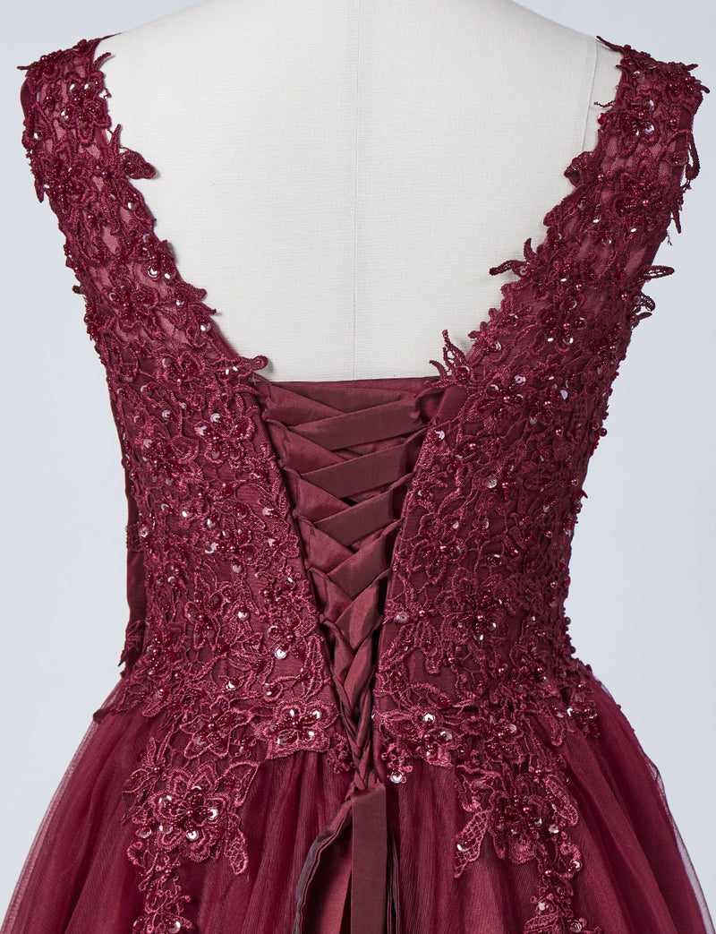TWEED DRESS(ツイードドレス)のワインレッドロングドレス・チュール｜TB1719-WRDのトルソー上半身背面画像です。