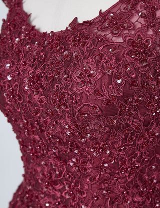 TWEED DRESS(ツイードドレス)のワインレッドロングドレス・チュール｜TB1719-WRDの上半身ビジュ装飾拡大画像です。