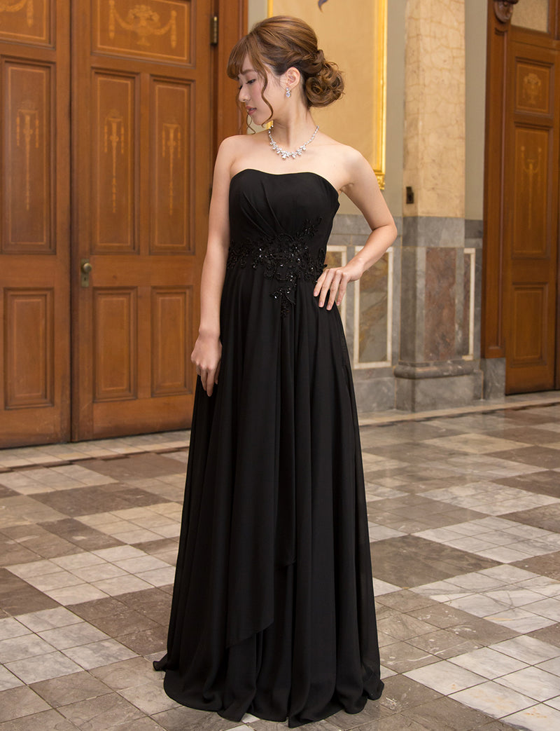 TWEED DRESS(ツイードドレス)のブラックロングドレス・シフォン｜TB1721-BKの全身正面画像です。