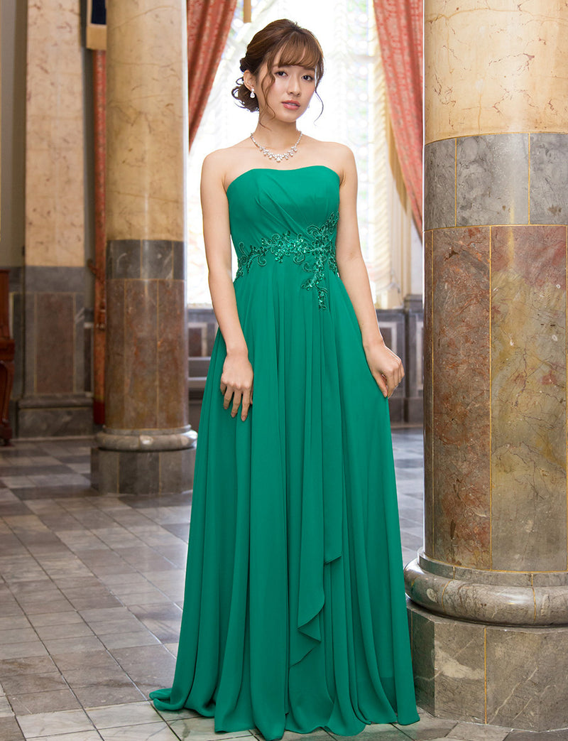 TWEED DRESS(ツイードドレス)のグリーンロングドレス・シフォン｜TB1721-GNの全身正面画像です。