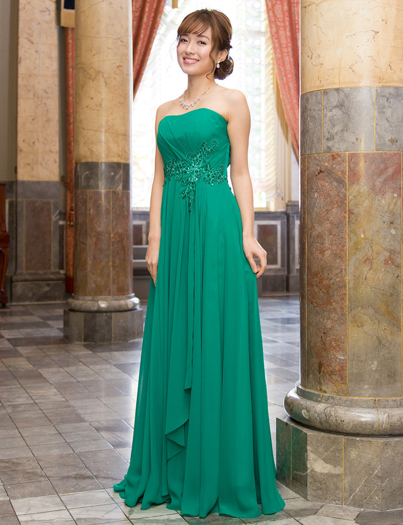 TWEED DRESS(ツイードドレス)のグリーンロングドレス・シフォン｜TB1721-GNの全身斜め画像です。