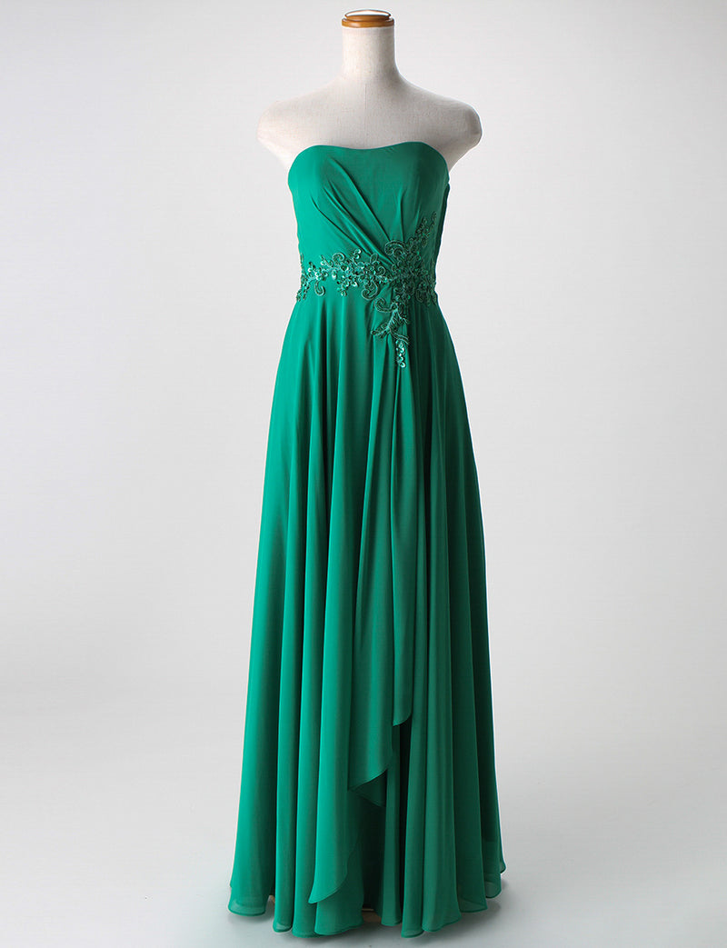 TWEED DRESS(ツイードドレス)のグリーンロングドレス・シフォン｜TB1721-GNのトルソー全身正面画像です。
