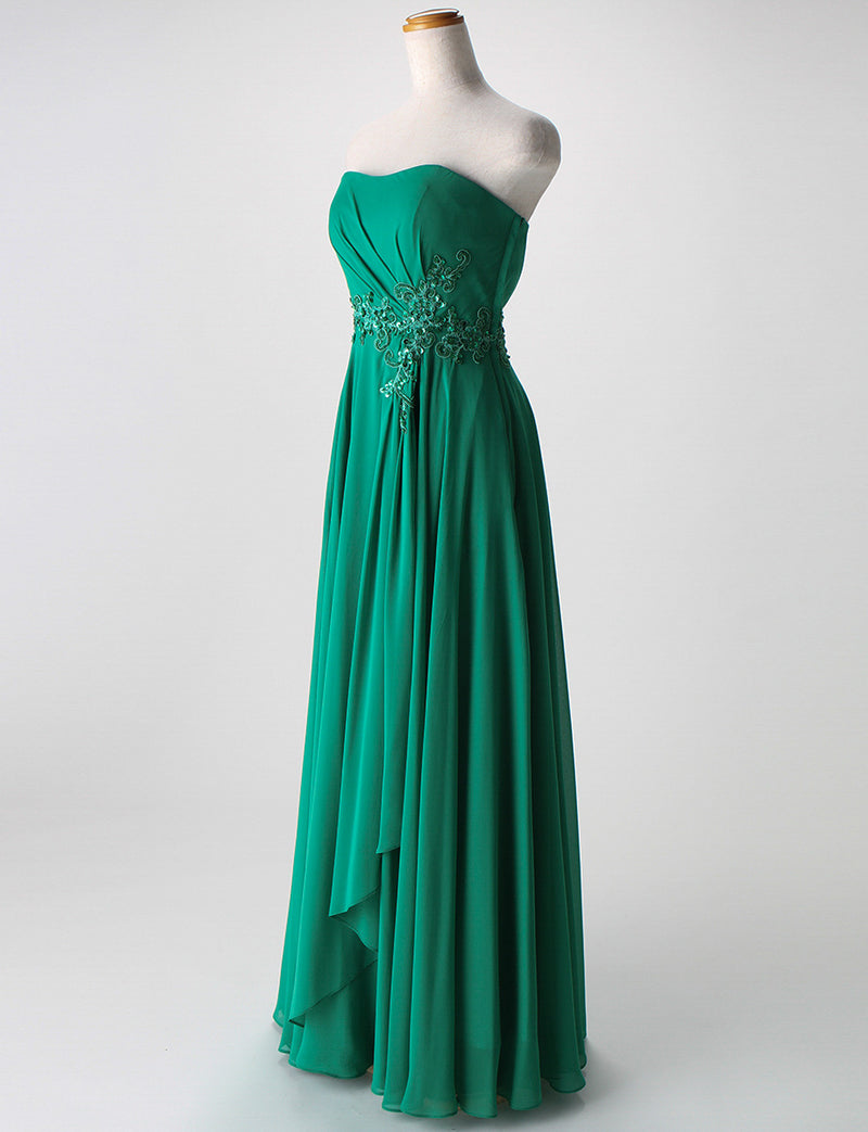 TWEED DRESS(ツイードドレス)のグリーンロングドレス・シフォン｜TB1721-GNのトルソー全身斜め画像です。
