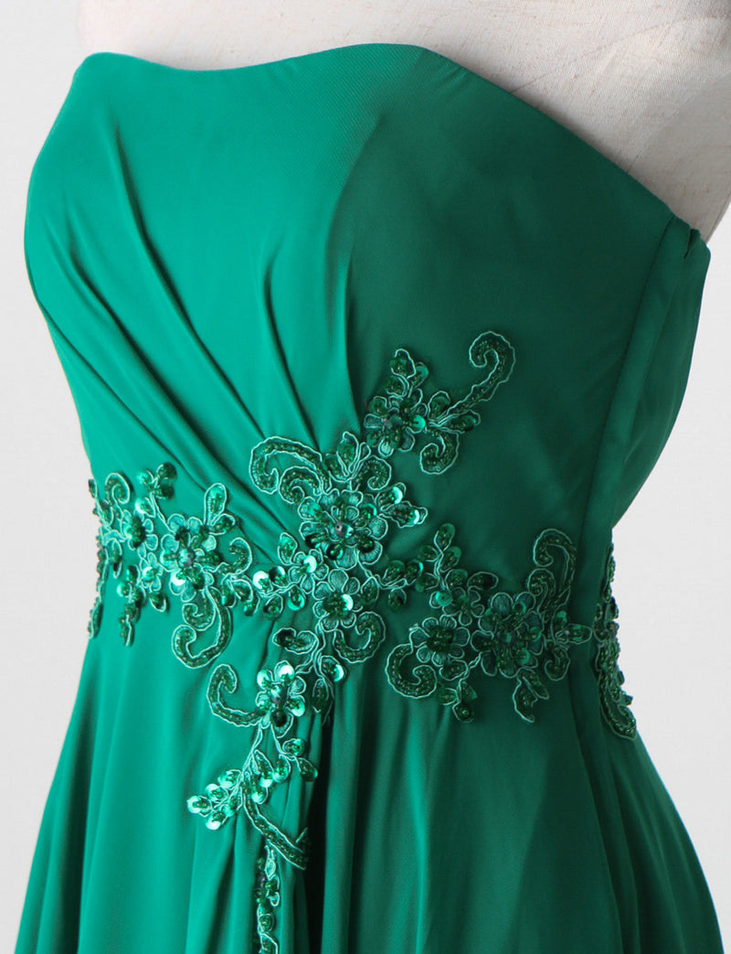 TWEED DRESS(ツイードドレス)のグリーンロングドレス・シフォン｜TB1721-GNのトルソー上半身斜め画像です。