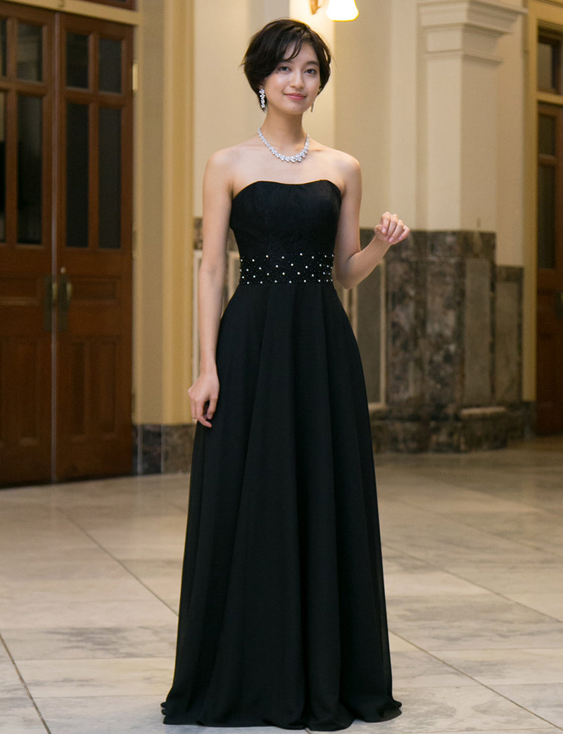 TWEED DRESS(ツイードドレス)のブラックロングドレス・シフォン｜TB1722-BKの全身正面画像です。