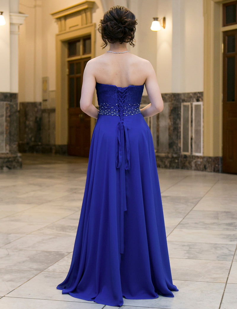 TWEED DRESS(ツイードドレス)のロイヤルブルーロングドレス・シフォン｜TB1722-RBLの全身背面画像です。