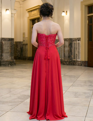 TWEED DRESS(ツイードドレス)のレッドピンクロングドレス・シフォン｜TB1722-RDPKの全身背面画像です。