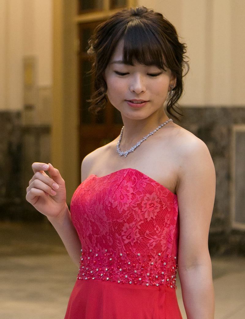TWEED DRESS(ツイードドレス)のレッドピンクロングドレス・シフォン｜TB1722-RDPKの上半身斜め画像です。