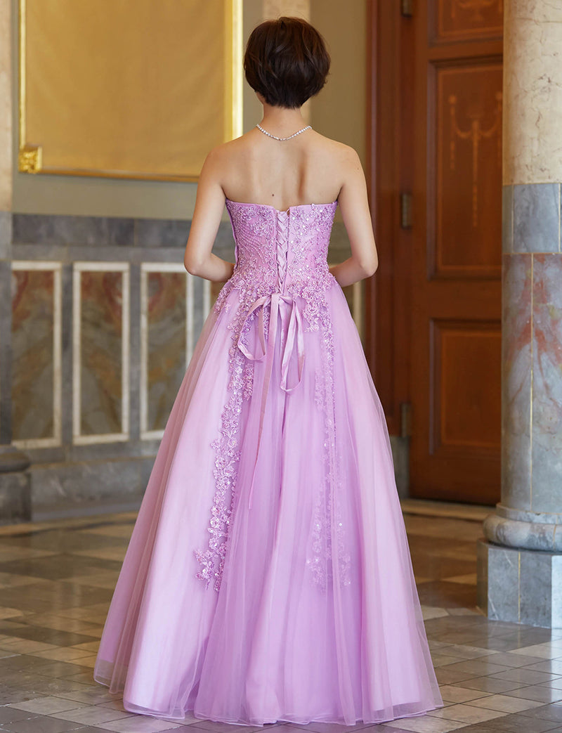 TWEED DRESS(ツイードドレス)のラベンダーロングドレス・チュール｜TB1723-LVの全身背面画像です。