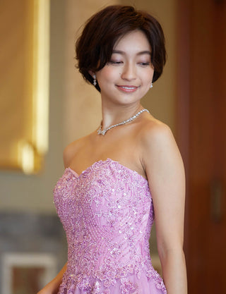TWEED DRESS(ツイードドレス)のラベンダーロングドレス・チュール｜TB1723-LVの上半身斜め画像です。