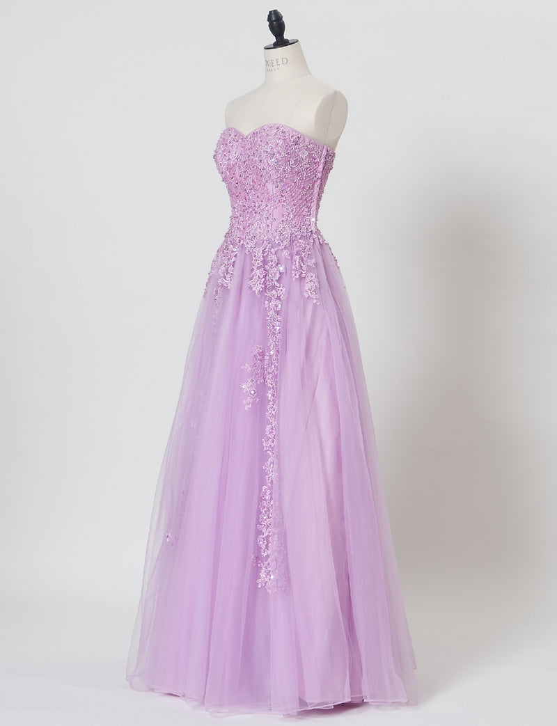 TWEED DRESS(ツイードドレス)のラベンダーロングドレス・チュール｜TB1723-LVのトルソー全身斜め画像です。
