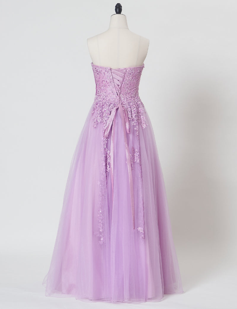 TWEED DRESS(ツイードドレス)のラベンダーロングドレス・チュール｜TB1723-LVのトルソー全身背面画像です。