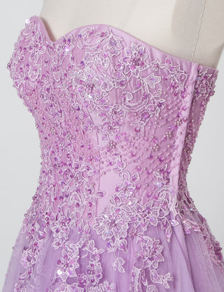 TWEED DRESS(ツイードドレス)のラベンダーロングドレス・チュール｜TB1723-LVのトルソー上半身斜め画像です。