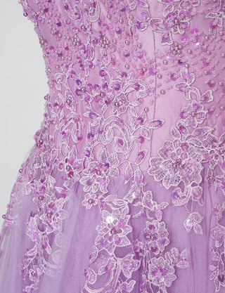TWEED DRESS(ツイードドレス)のラベンダーロングドレス・チュール｜TB1723-LVの上半身ビジュ装飾拡大画像です。