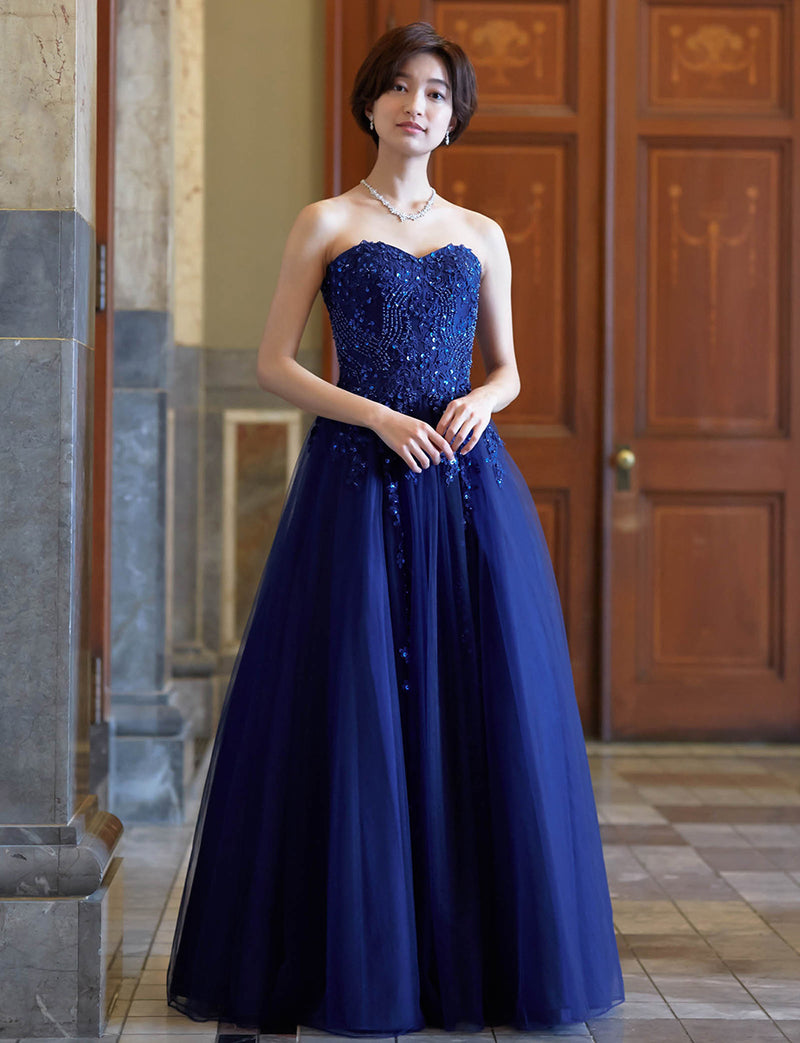 TWEED DRESS(ツイードドレス)のネイビーロングドレス・チュール｜TB1723-NYの全身正面画像です。